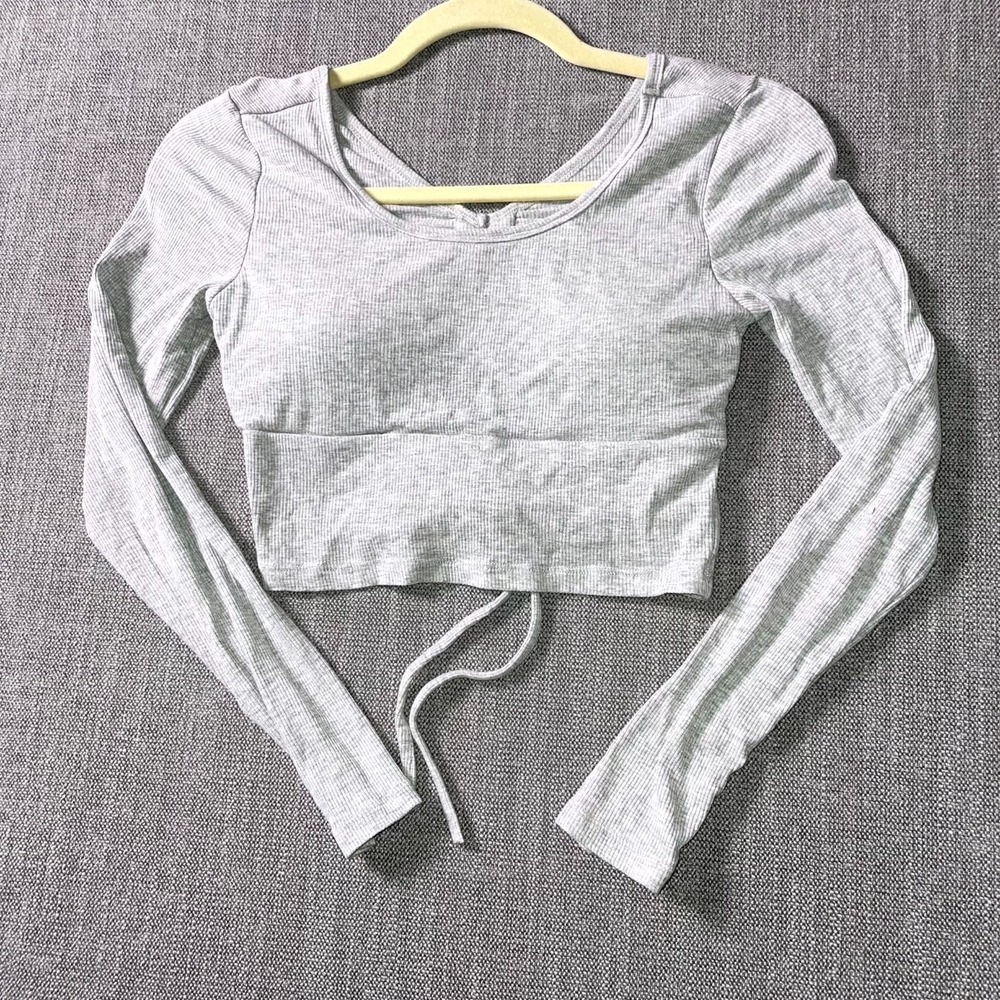 AS Revival Cropped Top Women Small Heather Gray Stretch Knit Ribbed Keyhole Back